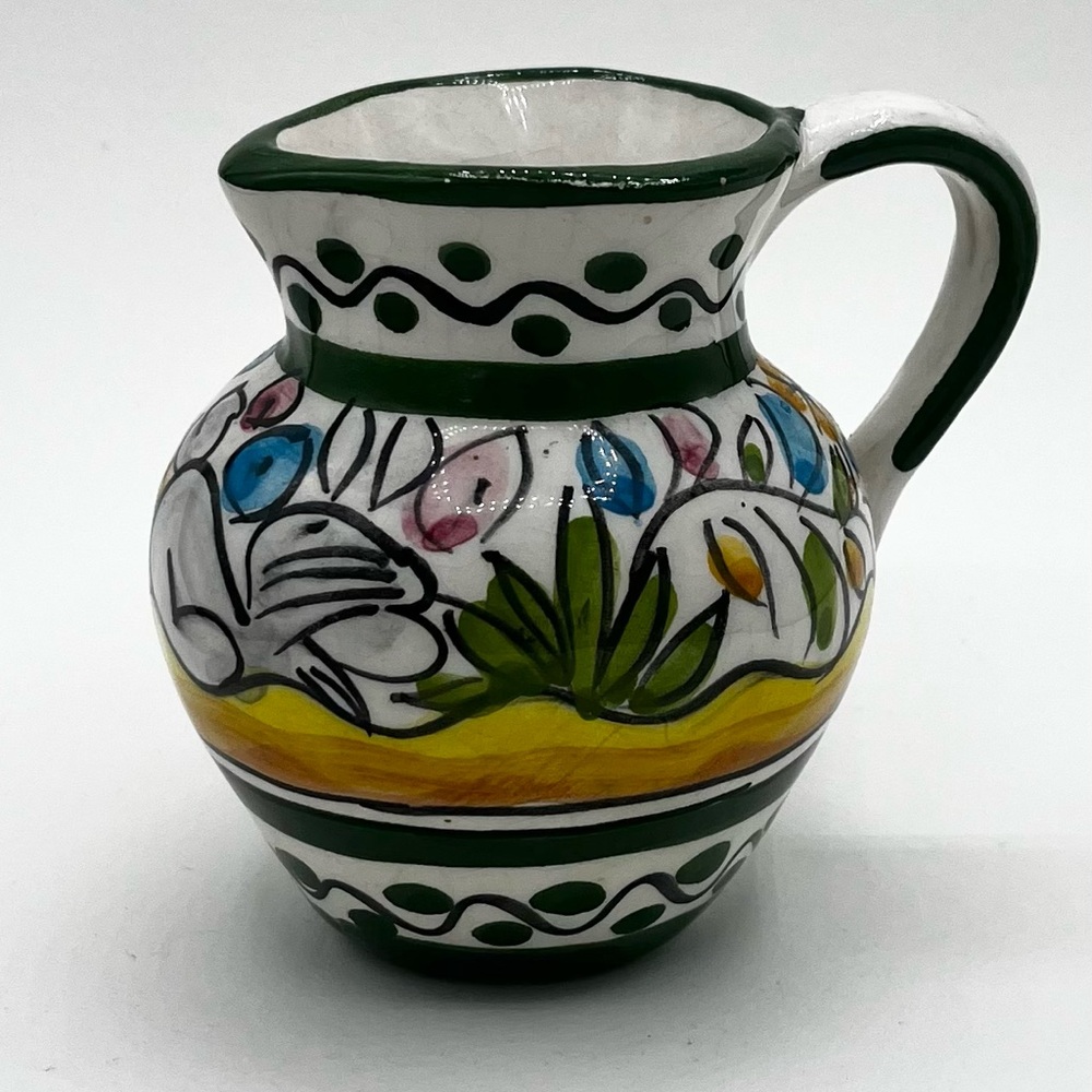 VTG Algarve Pottery Pitcher Creamer Portugal Bunny Rabbit Floral Hand Made 3.5”T
